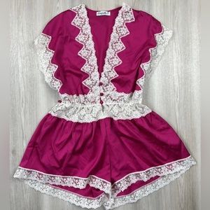 Vintage Amaretta Satin Chantilly Lace Lingerie Teddy Romper Hot Pink Medium USA